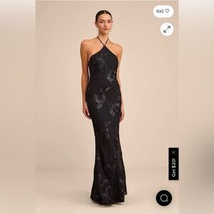 NWT Lulus Black Mesh Floral Halter Mermaid Maci Dress M
